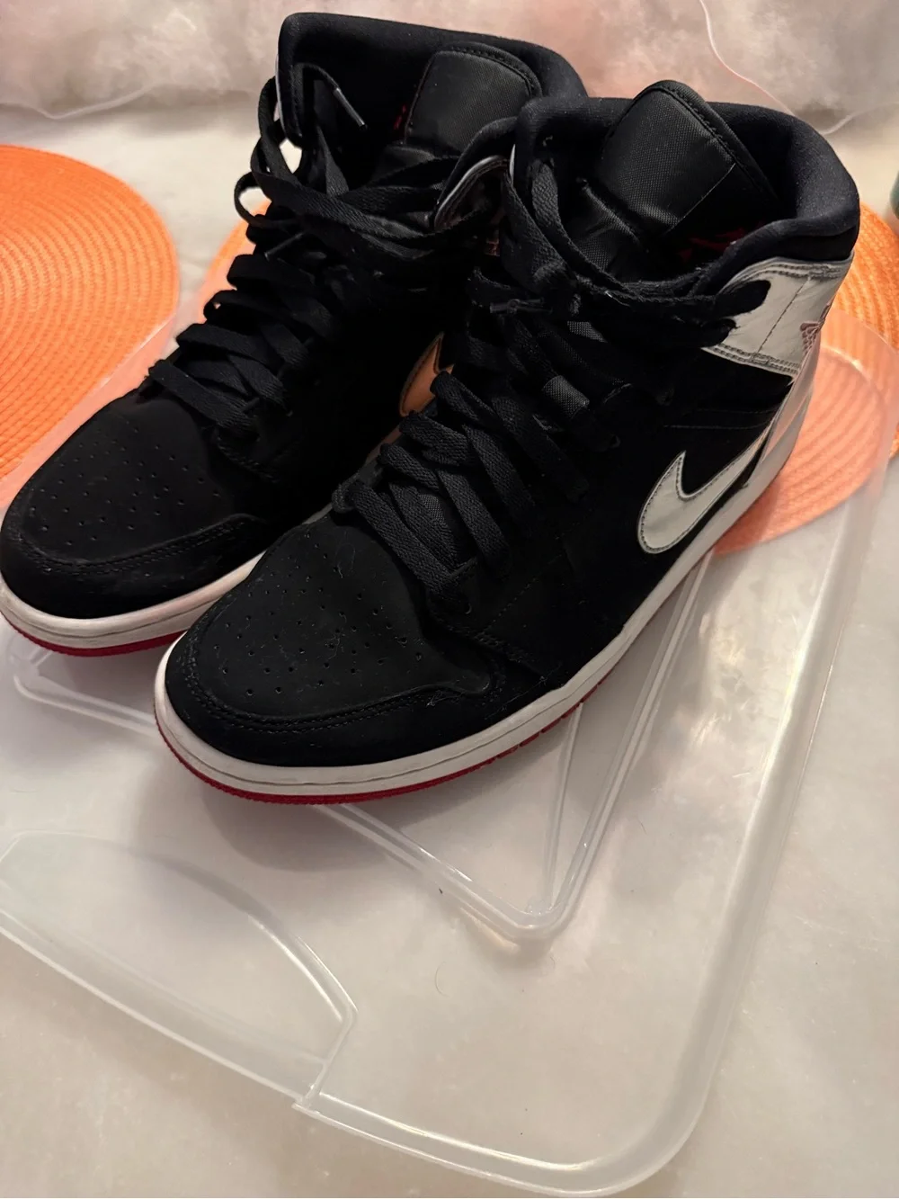 Nike Black White Silver Red Air Jordan 1 Mid Sneakers